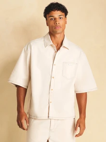 SUMWON Boxy Fit Short Sleeve Twill Shirt With Contrast Stitching Chest Pocket Button-Up Collared Summer Casual Top - Apricot - View 4
