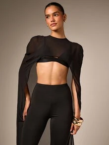 AiiRZ Sheer Maxi Cape Overlay Top With Crew Neck Long Split Sleeves And Dramatic Floor Length Panels For Evening Party - Black - View 2