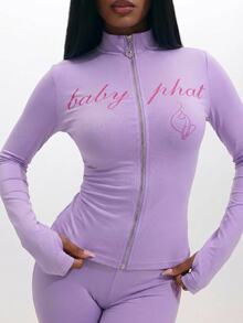 BABYPHAT Plus Size Zip Through Top With Script Logo Print And Mock Neck Long Sleeves Fall - Lilac Purple - View 5