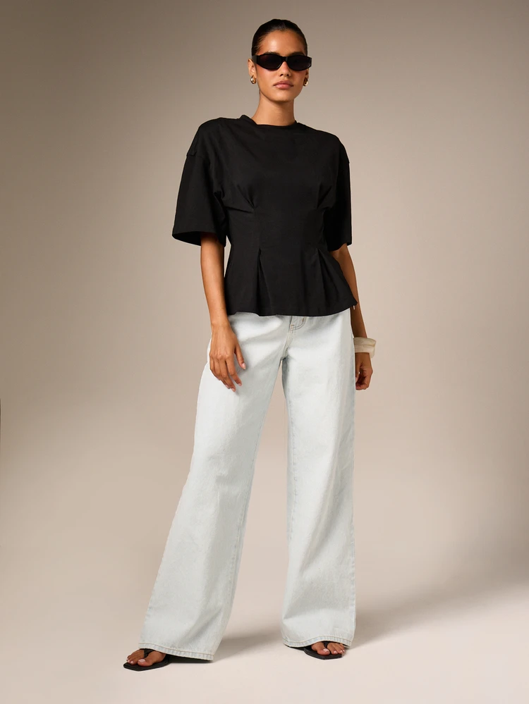 Shoulder Pad Peplum T-Shirt With Cinched Waist