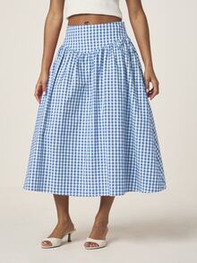 MISSGUIDED Gingham-Kariert Midi-Rock mit hoher Taille, geformtem Bund und vollem gerafftem Volumen, Sommer-Swing-Rock - Blau-Weiß - Übersicht 3