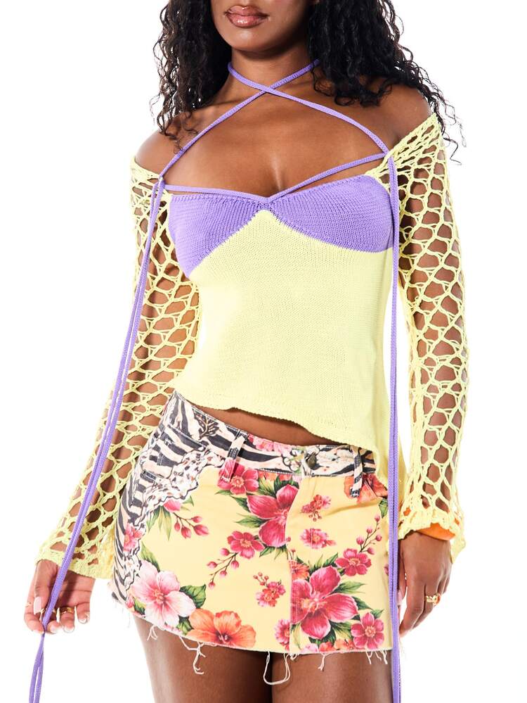 SUMWON WOMEN Loose Crochet Knit Long Sleeve Off-Shoulder Top With Halter Strap Detail And Bell Sleeves Summer Festival