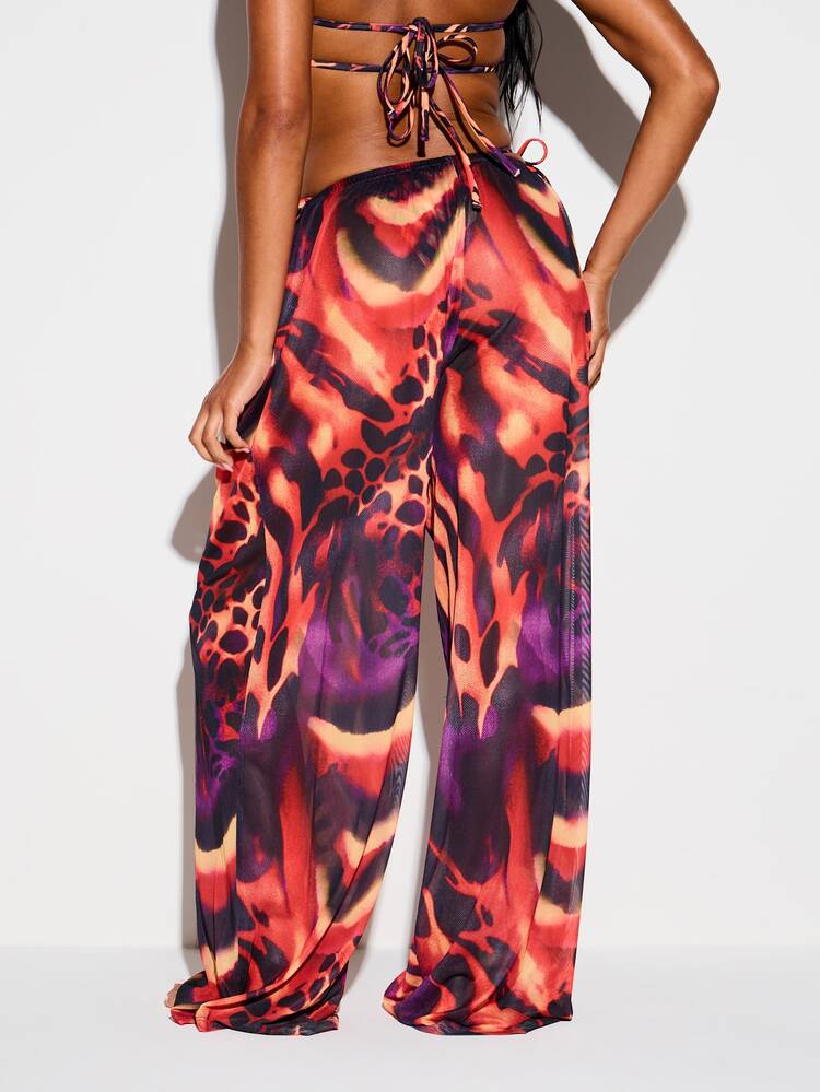 Wide Leg Mesh Pants With Abstract Animal Print