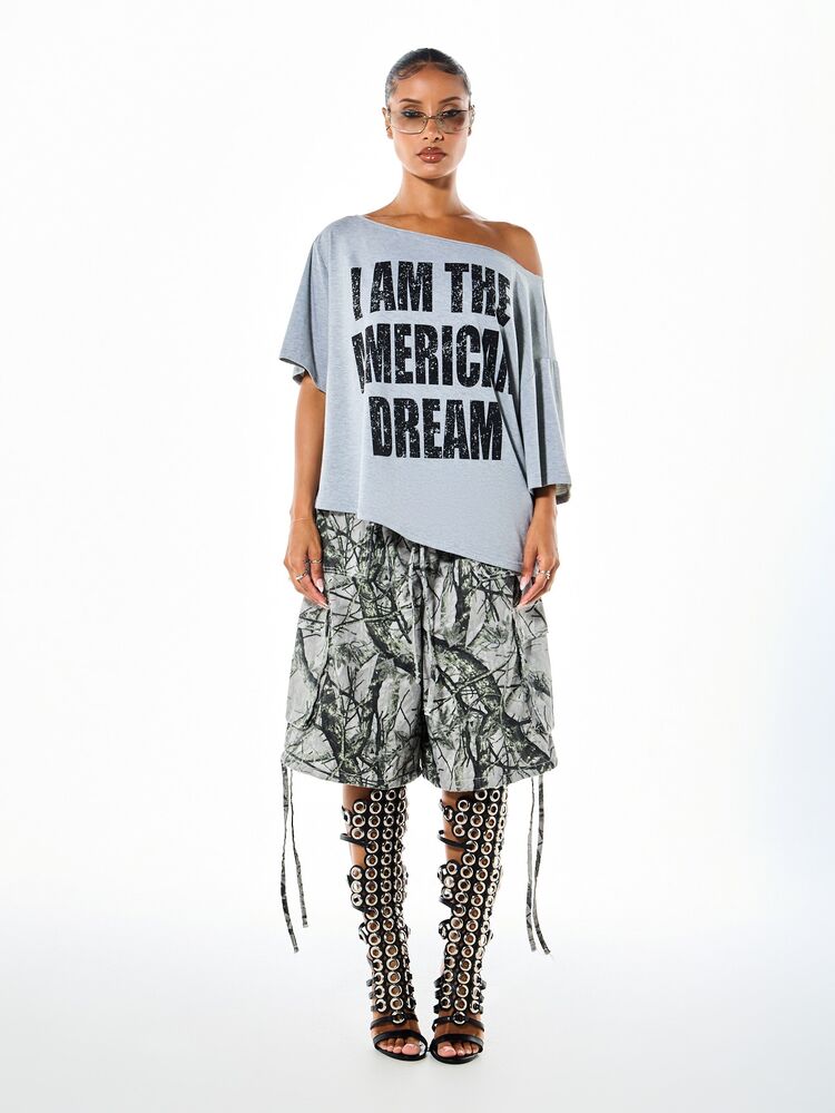 SUMWON WOMEN Oversized Cargo Bermuda Shorts With Camo Tree Branch Print Elastic Drawstring Waist Summer Festival Style