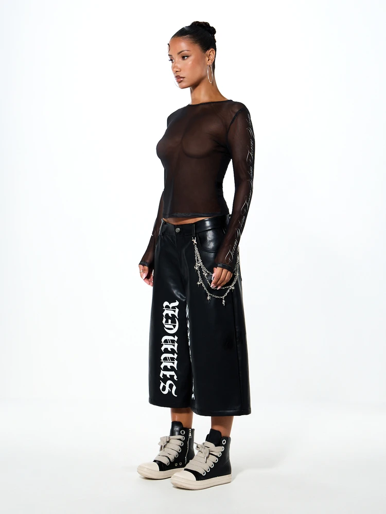 Plus Size Sheer Mesh Long Sleeve Crop Top With Cursive Script Print On Sleeves Y2K Party Top