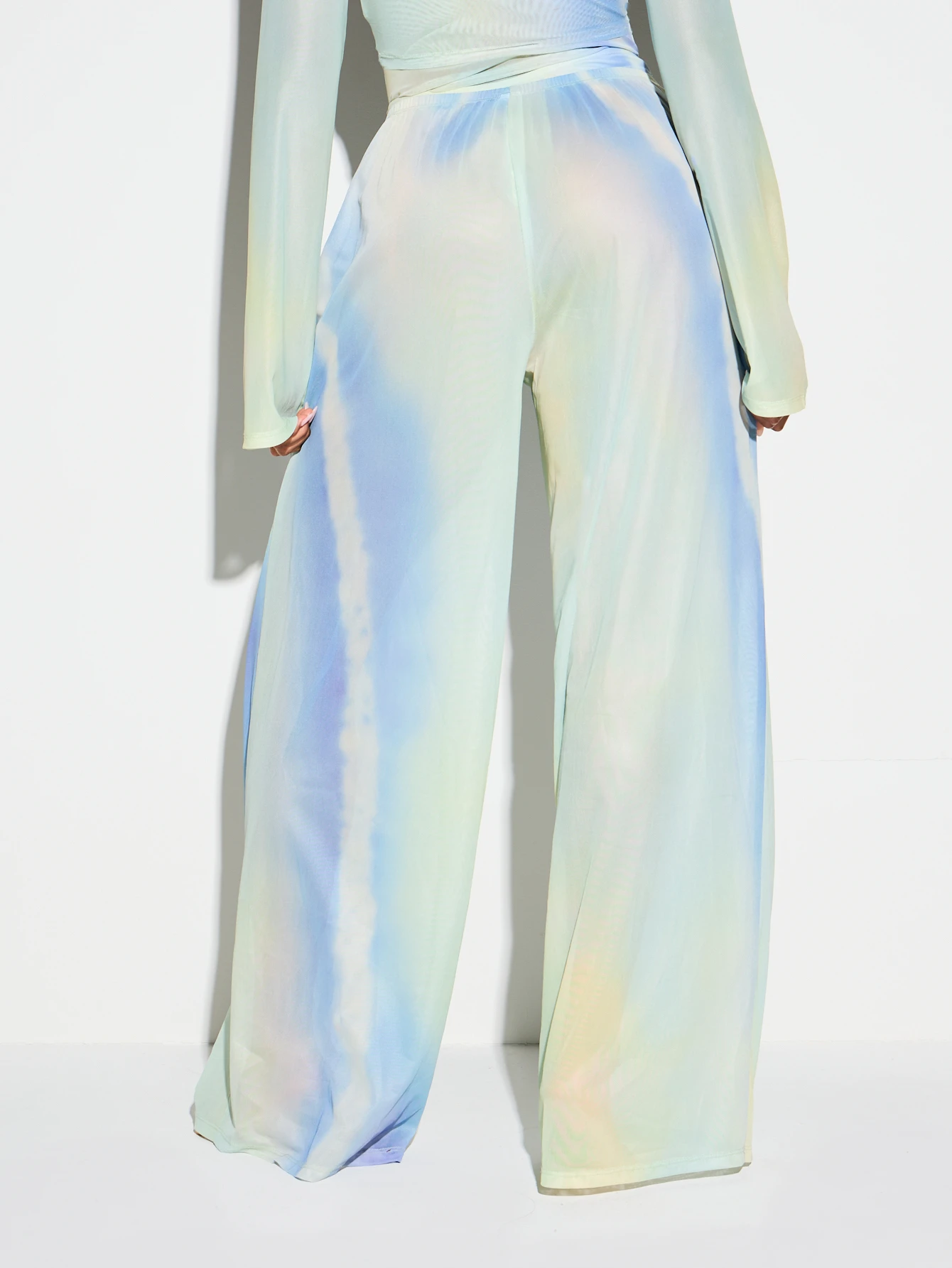 Watercolor Print Wide Leg Mesh Trousers