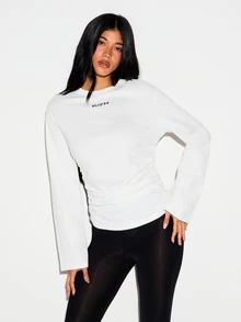 KIZN Long Sleeve Ruched Waist Crew Neck T-Shirt With Bell Sleeves And Logo Print Casual Top - White - View 2