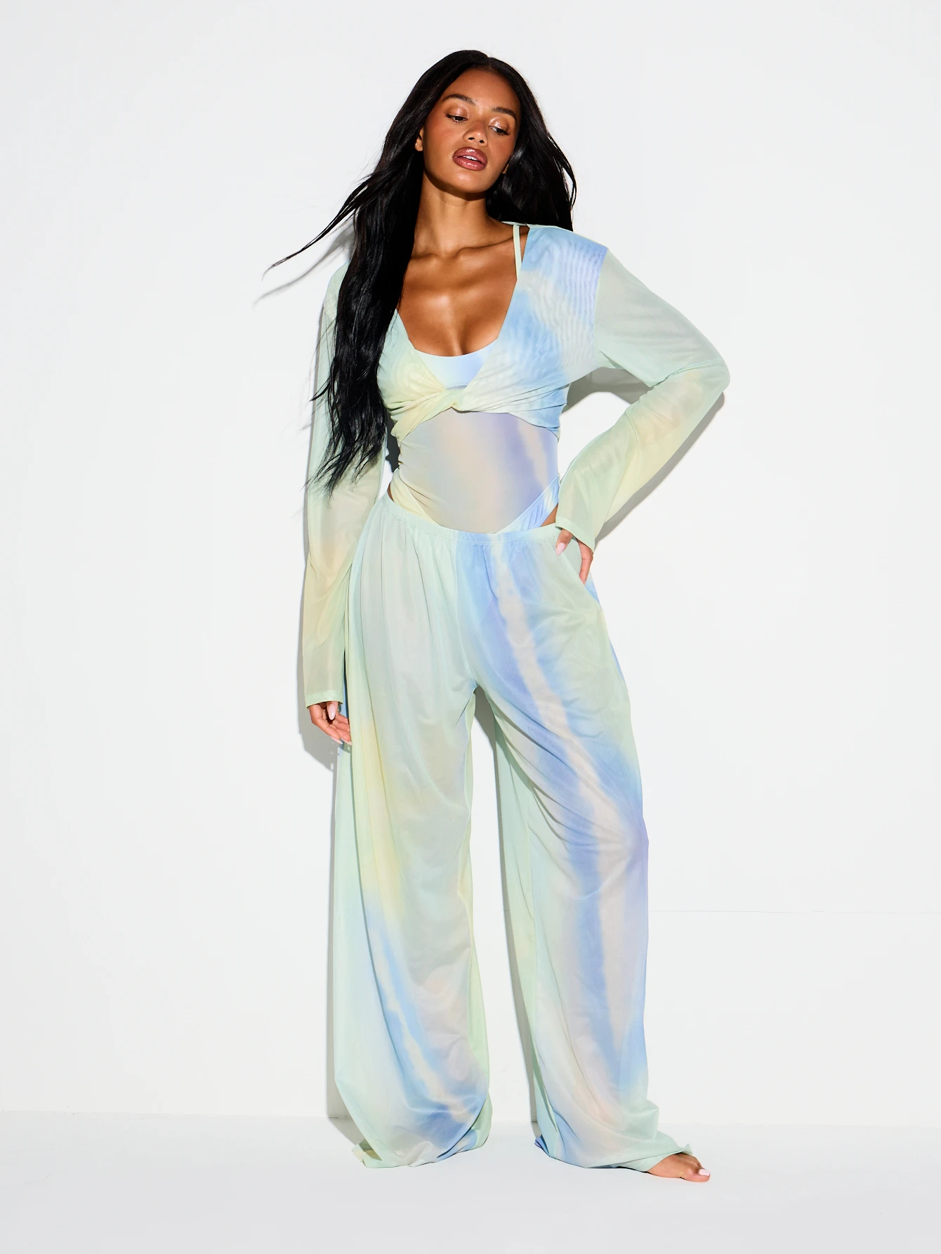 Watercolor Print Wide Leg Mesh Trousers