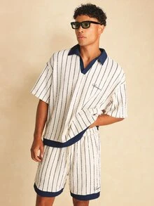 SUMWON Pinstripe Polo Co-Ord Set Short Sleeve Knit Top And Shorts Summer Vacation Matching Outfit - Beige - View 4