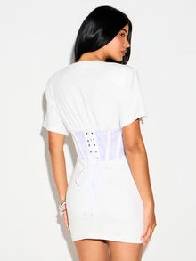 KIZN Mesh Corset T-Shirt Mini Dress With Lace-Up Back Detail And Boning Panel Bodycon Summer Party Going Out Club White Sexy - Black - View 2