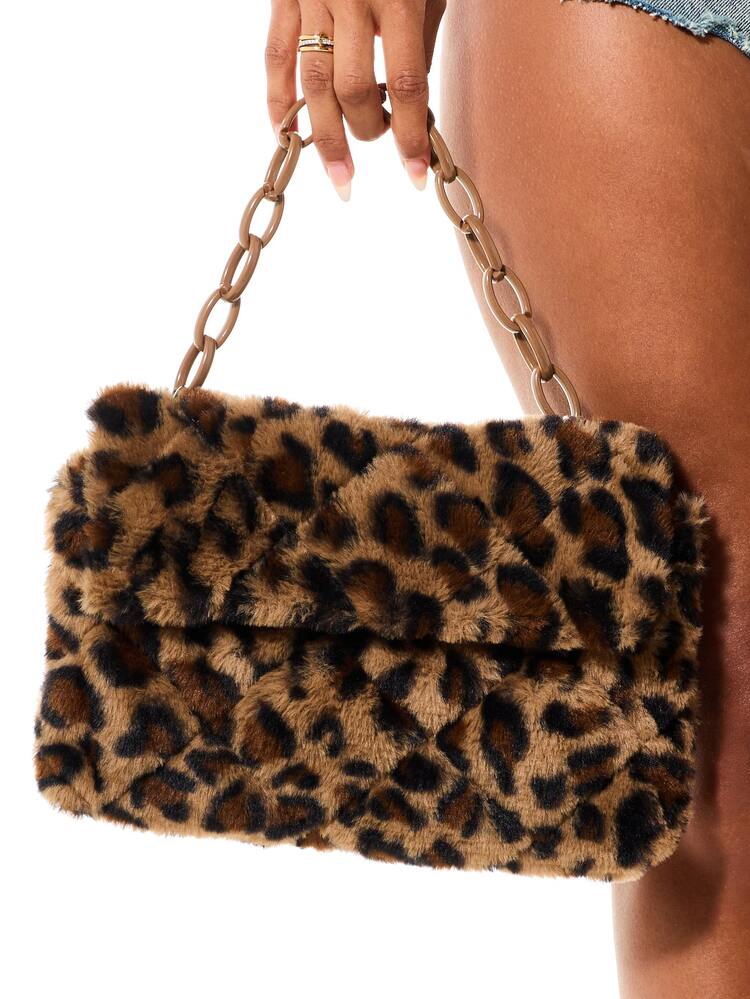 SUMWON WOMEN Faux Fur Leopard Print Flap Handbag With Chain Strap Fluffy Plush Shoulder Bag Party Evening Purse