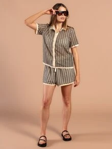 Rouah Womens Crochet Patterned Button Through Shirt And Short Set With Contrast Placket - Summer 2 Piece Set, Summer Set, Summer Top And Short Set, Vacation Set, Summer Holiday Set, Resort Set - Black - View 3