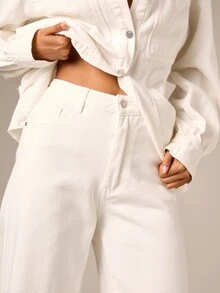AiiRZ High Rise Wide Leg Straight Denim Jeans In Ecru Classic Five-Pocket Style Full Length Casual Everyday Trousers - White - View 4
