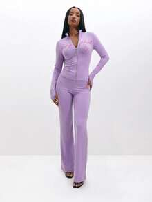 BABYPHAT Plus Size Zip Through Top With Script Logo Print And Mock Neck Long Sleeves Fall - Lilac Purple - View 2