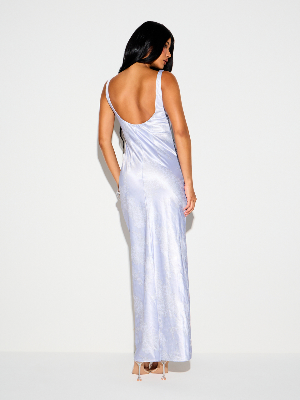 KIZN Satin Lace Print Sleeveless Maxi Dress With Open Back