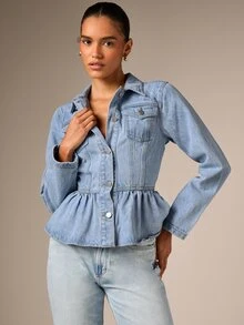 AiiRZ Peplum Hem Denim Jacket With Button Closure Chest Pockets And Classic Collar For Fall Spring Casual Outings - Light Wash - View 1