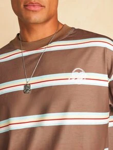 SUMWON Striped Crew Neck Short Sleeve Oversized T-Shirt With Chest Logo Embroidery Summer Casual Retro Streetwear Tee - Brown - View 5