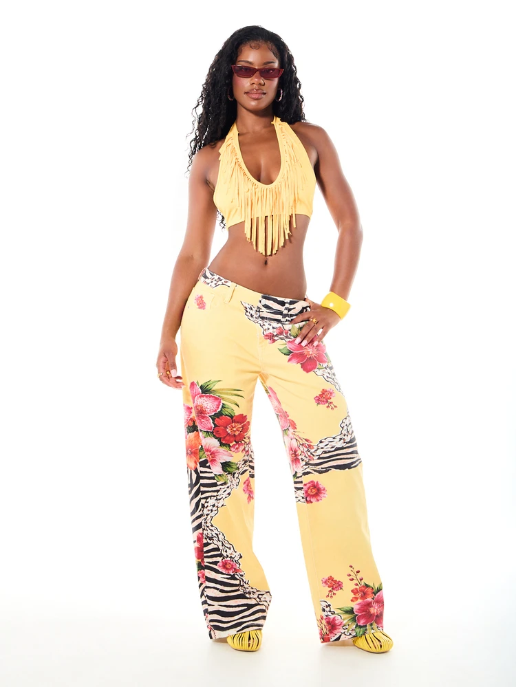 SUMWON WOMEN Fringe Halter Neck Crop Top Deep V Plunge Neckline Tie Back Summer Festival Style