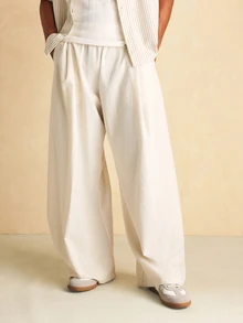 SUMWON Pleated Balloon Wide Leg Trouser For Men Summer Casual Relaxed Fit Pull-On Linen Blend Full Length Pants - Apricot - View 1