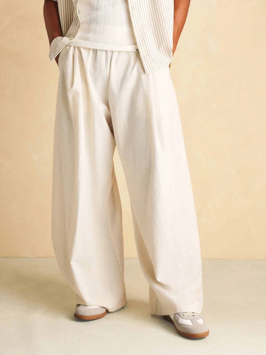 SUMWON Pleated Balloon Wide Leg Trouser For Men Summer Casual Relaxed Fit Pull-On Linen Blend Full Length Pants - Apricot - View 1