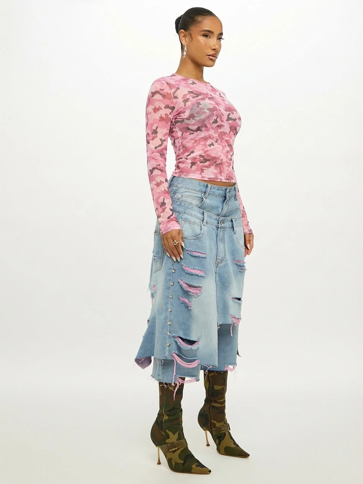 Plus Size Pink Camouflage Mesh Long Sleeve Crop Top Crew Neck Form Fitting Sheer Layer