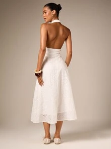 AiiRZ Eyelet Halter Neck Midi Dress With Deep V-Neckline Open Back Fit And Flare Silhouette Summer - White - View 3