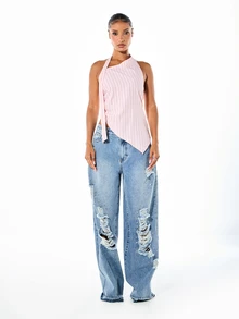 SUMWON WOMEN Striped Asymmetric Halter Neck Deconstructed Shirt Top With Button Detail And High-Low Hem - Pink - View 5