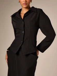 AiiRZ Barrel Sleeve Short Blazer Single Breasted Button Closure Fitted Waist Tailored Jacket Office Fall Winter - Black - View 5