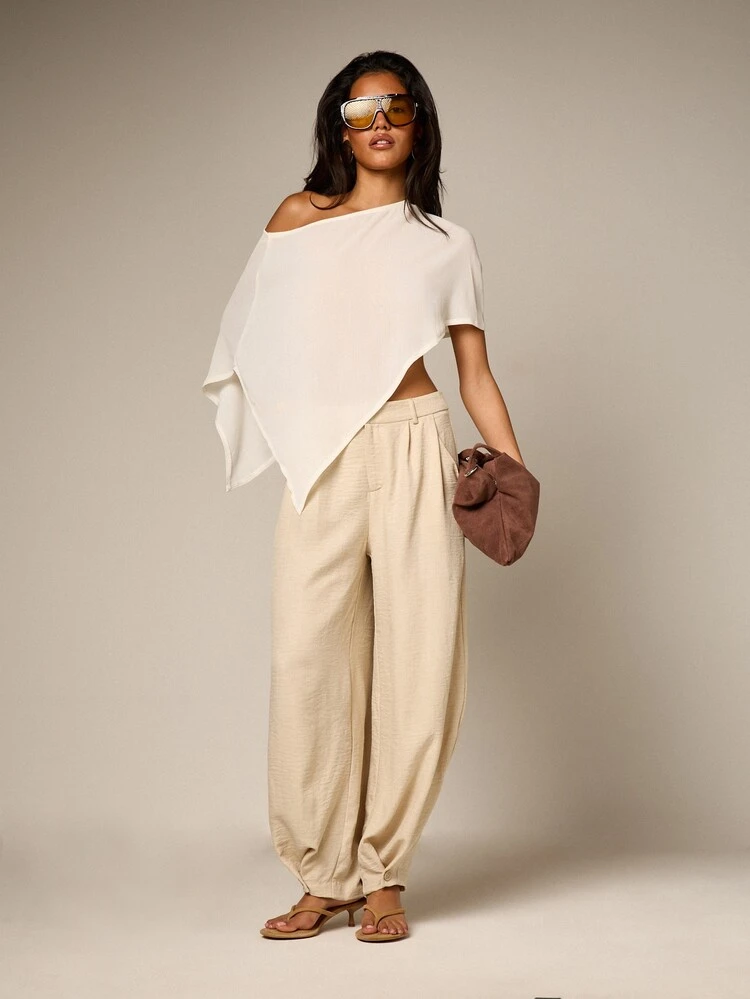 AiiRZ Linen Feel Balloon Trousers High Rise Pleated Wide Leg Tapered Ankle Casual Summer Pants