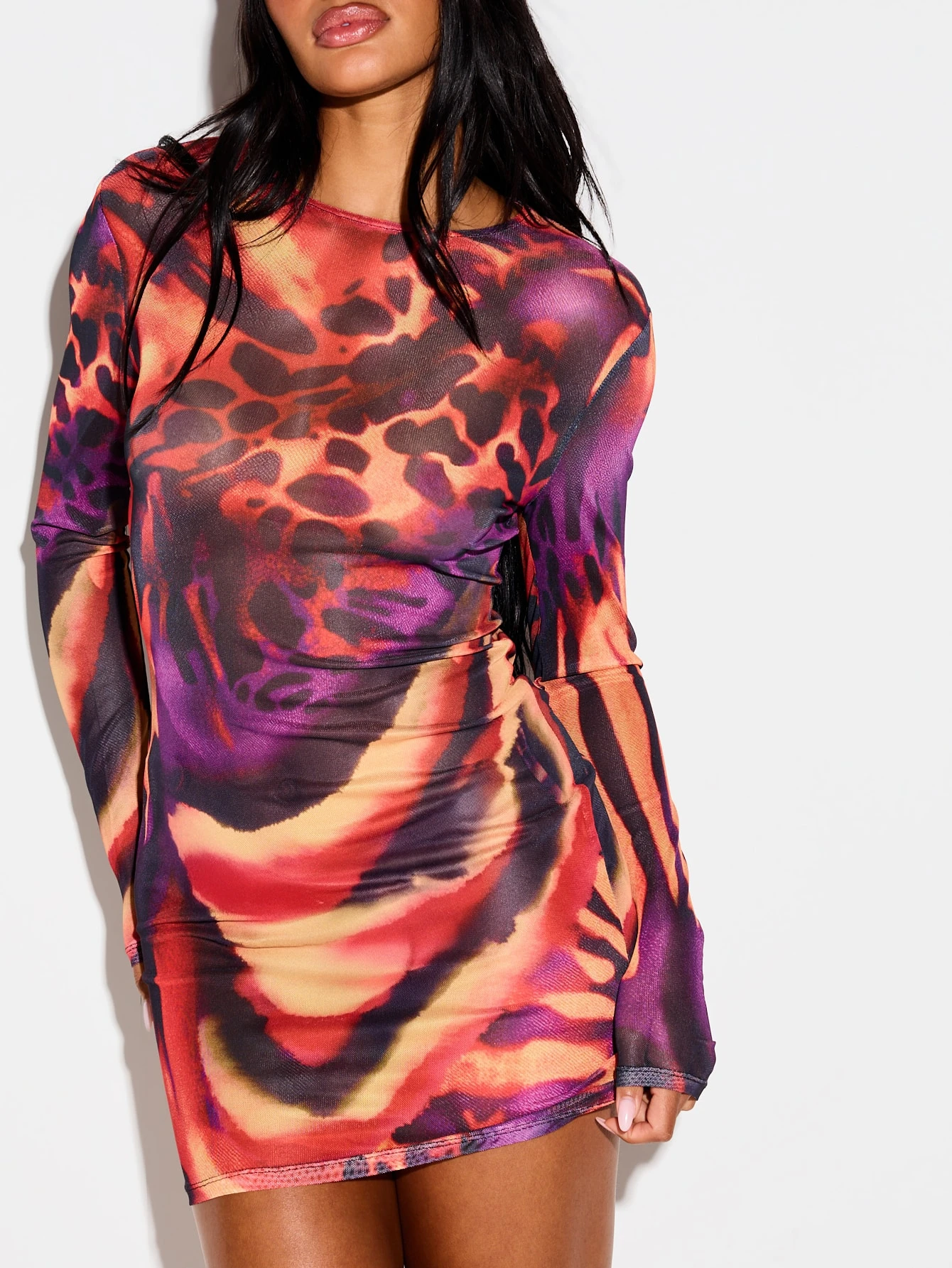 Animal Print Mesh Mini Dress With Long Sleeves