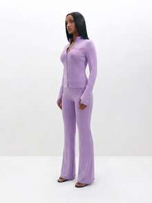 BABYPHAT Plus Size Zip Through Top With Script Logo Print And Mock Neck Long Sleeves Fall - Lilac Purple - View 4