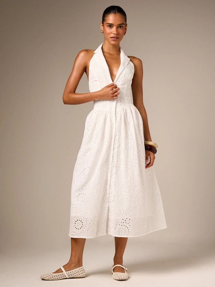 Eyelet Halter Neck Midi Dress With Open Back