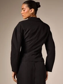 AiiRZ Barrel Sleeve Short Blazer Single Breasted Button Closure Fitted Waist Tailored Jacket Office Fall Winter - Black - View 4