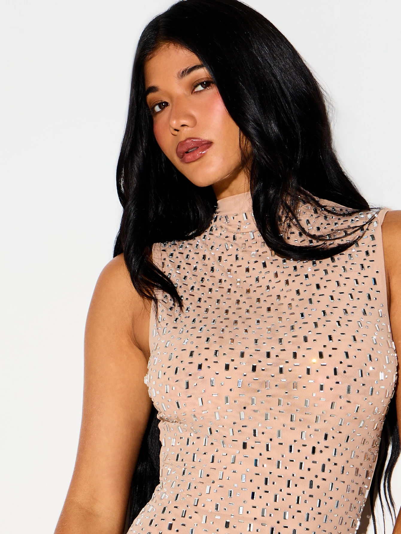 Mock Neck Sleeveless Hotfix Embellished Mesh Mini Dress