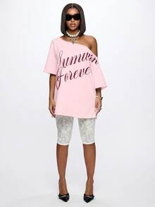 SUMWON WOMEN Off Shoulder Oversized Sweater Mini Dress With Cursive Summer Forever Script Front Print - Pink - View 6