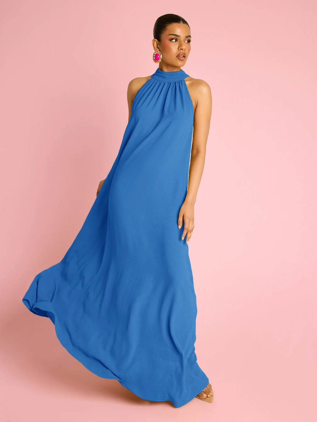 loose fitting holiday dresses Womens Halterneck Statement Flowing Trapeze Maxi Dress, Vacation Outfit, Summer Dress, Elegant Chic Holiday Outfit, Evening Dress, Wedding Guest Dress, Occasion Birthday Party Ibiza, Fitting, Boho Sleevelsss｜Fashion SZN short loose dress