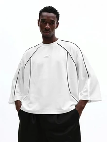 SUMWON Plus Size Oversized Crew Neck T-Shirt With Black Contrast Piping Detail And Dropped Shoulder Three-Quarter Sleeves - White - View 1