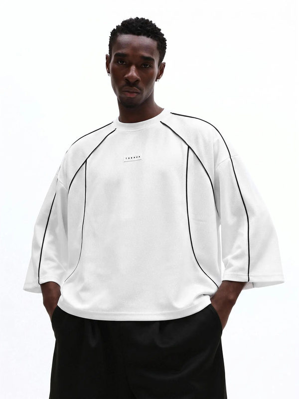 SUMWON Plus Size Oversized Crew Neck T-Shirt With Black Contrast Piping Detail And Dropped Shoulder Three-Quarter Sleeves