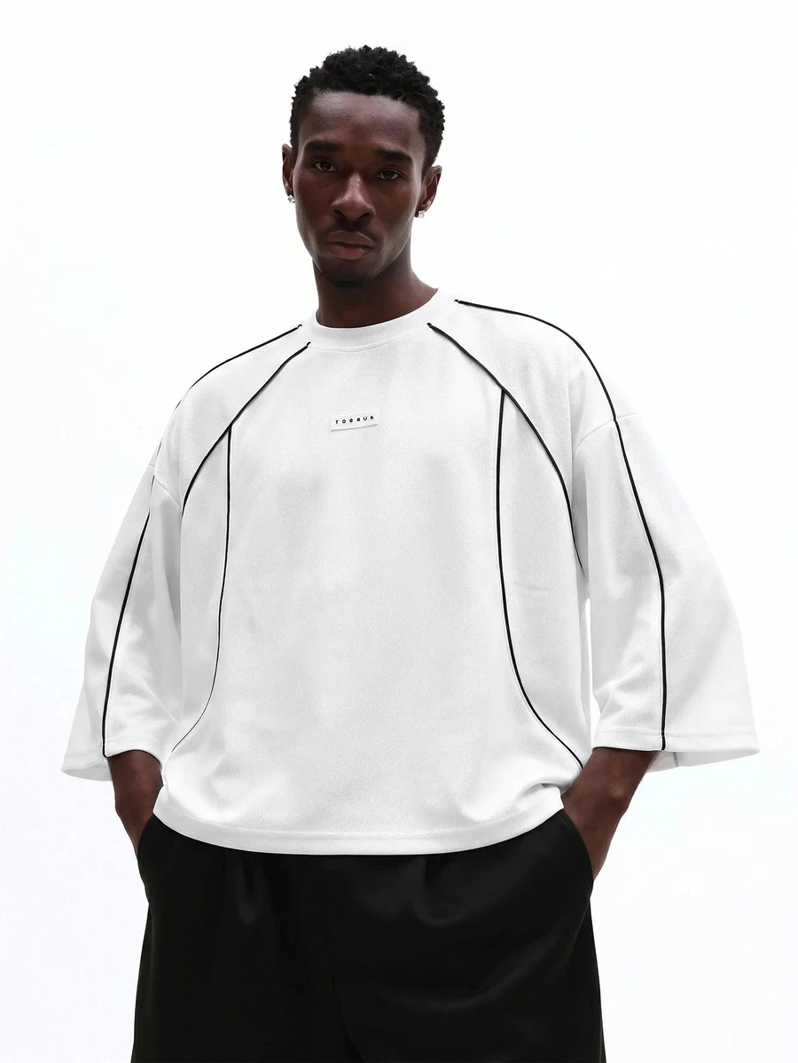 SUMWON Plus Size Oversized Crew Neck T-Shirt With Black Contrast Piping Detail And Dropped Shoulder Three-Quarter Sleeves - White - View 1