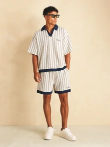 SUMWON Pinstripe Polo Co-Ord Set Short Sleeve Knit Top And Shorts Summer Vacation Matching Outfit - Beige - View 8