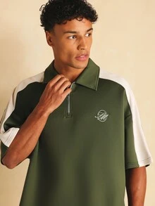 SUMWON Half Zip Polo Shirt With Color Block Design Short Sleeves Spread Collar And Embroidered Logo - Green - View 5