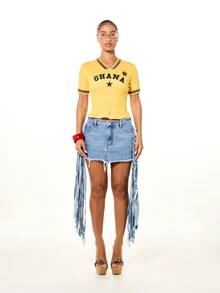 SUMWON Top corto de jersey con cuello en V, manga corta, dobladillo fruncido y gráfico de estrella de Ghana, talla grande, para festival de verano - Amarillo - Ver 3