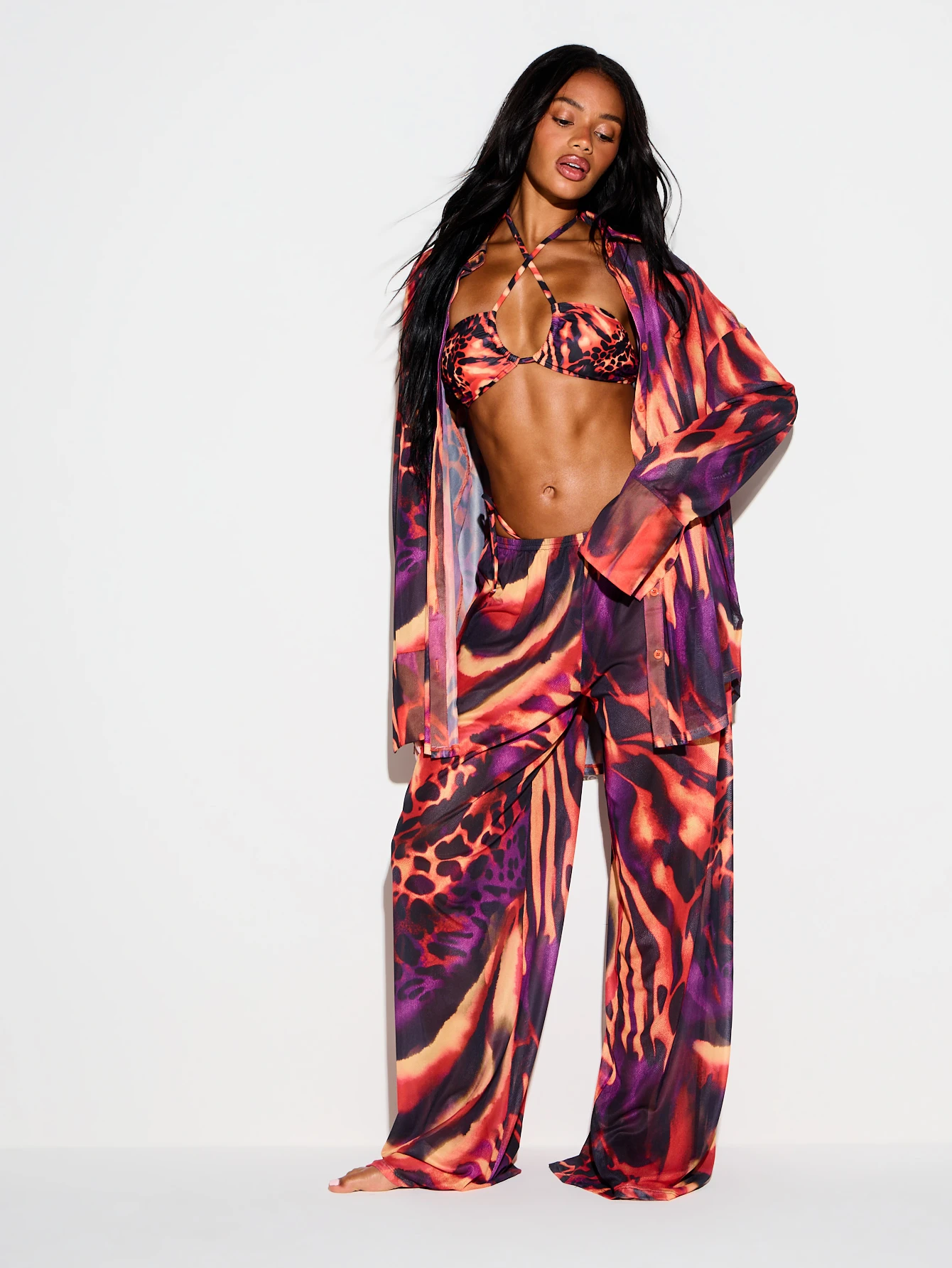Wide Leg Mesh Pants With Abstract Animal Print