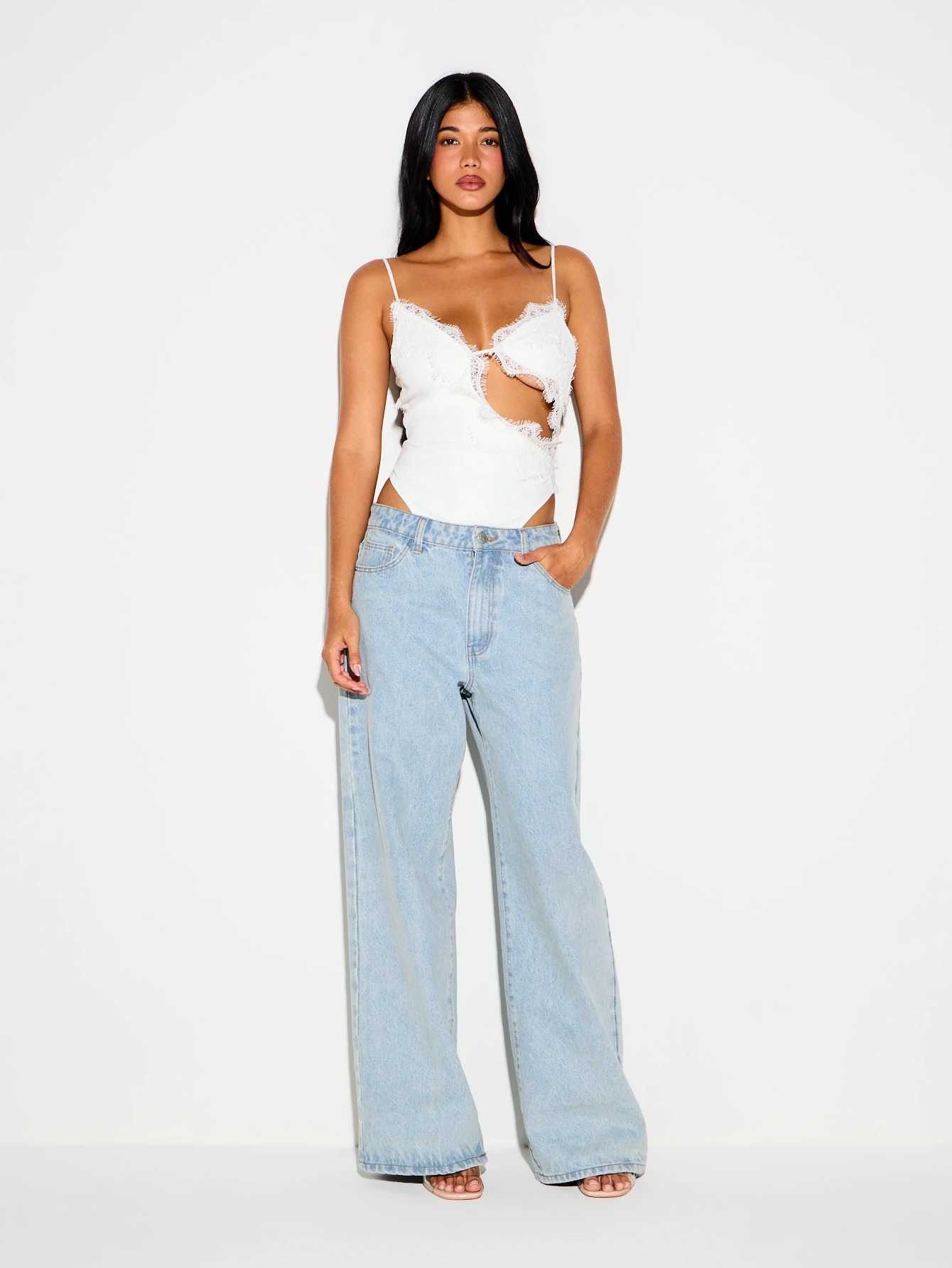 Lace Mix Strappy Bodysuit With Cut-Out Detail