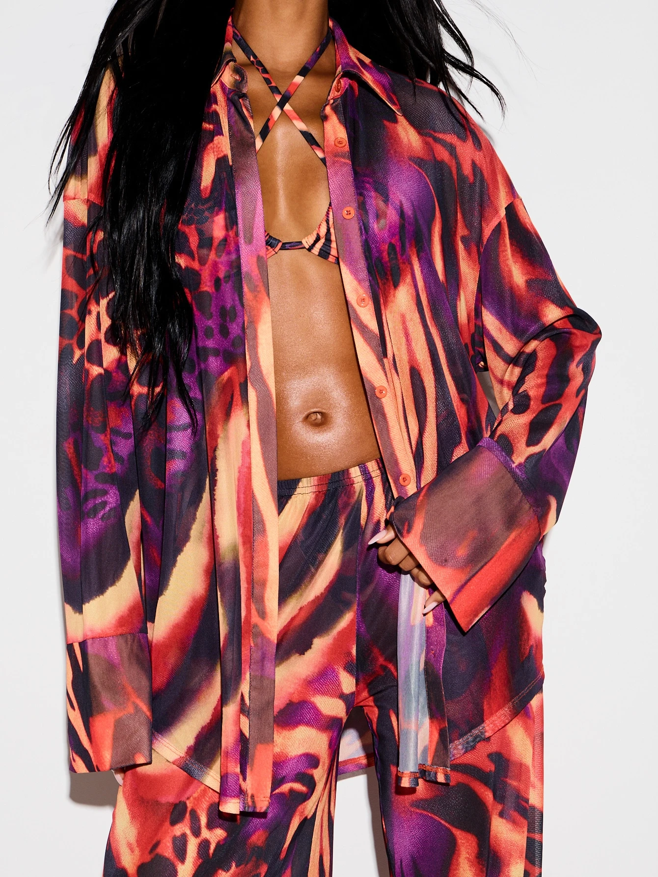 Abstract Animal Print Mesh Shirt With Bell Sleeves