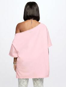 SUMWON WOMEN Off Shoulder Oversized Sweater Mini Dress With Cursive Summer Forever Script Front Print - Pink - View 2