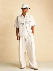 SUMWON Pleated Balloon Wide Leg Trouser For Men Summer Casual Relaxed Fit Pull-On Linen Blend Full Length Pants - Apricot - View 3