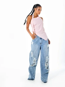 SUMWON WOMEN Striped Asymmetric Halter Neck Deconstructed Shirt Top With Button Detail And High-Low Hem - Pink - View 3