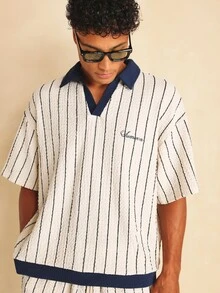 SUMWON Pinstripe Polo Co-Ord Set Short Sleeve Knit Top And Shorts Summer Vacation Matching Outfit - Beige - View 5