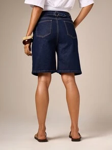 AiiRZ High Waisted Longline Denim Bermuda Shorts With Classic Five Pocket Design And Contrast Stitching For Summer - Dark Wash - View 3